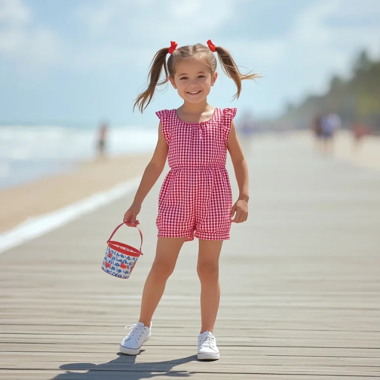 Young Girl’s Playful Gingham Romper for a Summer Excursion | traditional prompt for girl in english